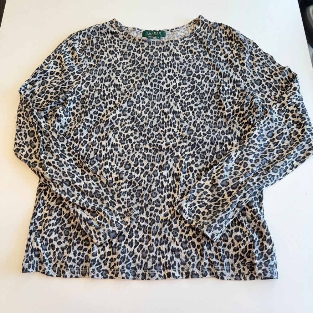 Lauren Ralph Lauren Womens Grey Leopard Print Cotton Long Sleeve T-Shirt L
